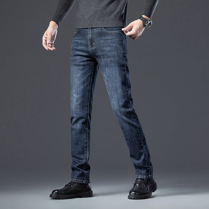 Fleece Padded Jeans Men's Straight Slim Elastic Thickening