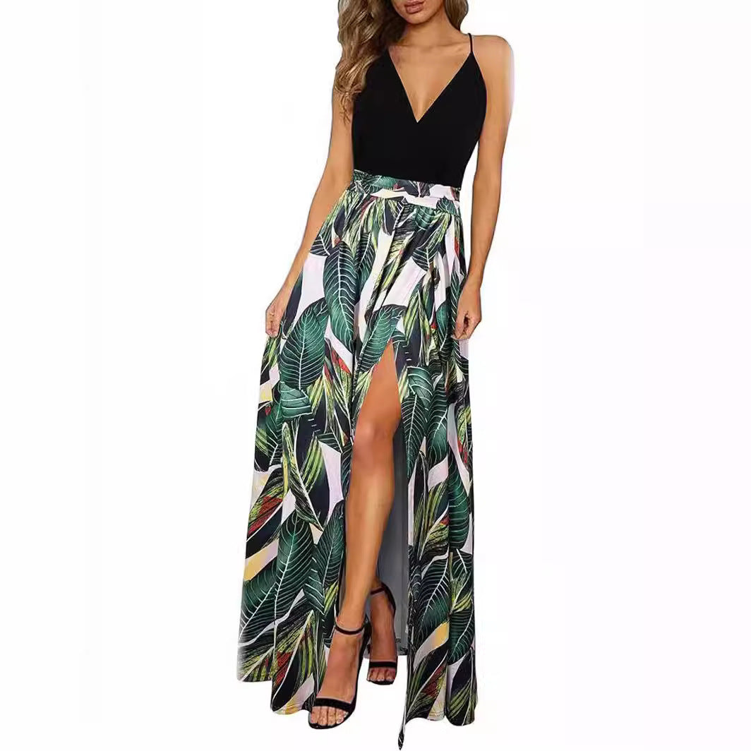 V-Ausschnitt Wickelkleid mit Spaghettiträgern Sommer Casual Strandkleid Blumen Leopardenmuster