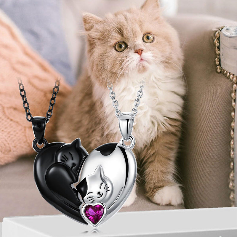 Couple Stitching Love Black And White Cute Cat Necklace