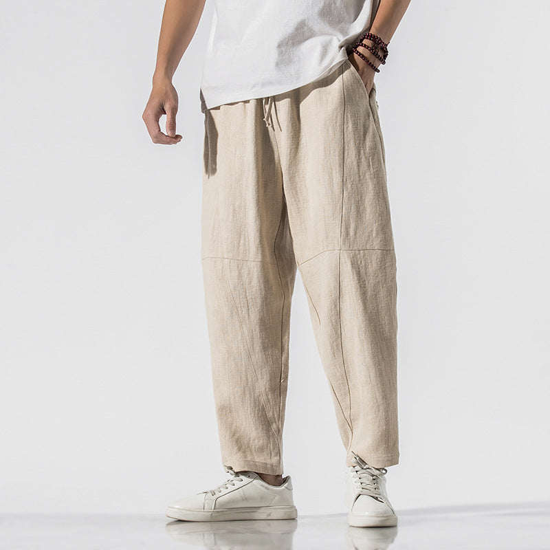 Summer Thin Linen Ankle Length Pants Men's Chinese Style Loose Wide Leg