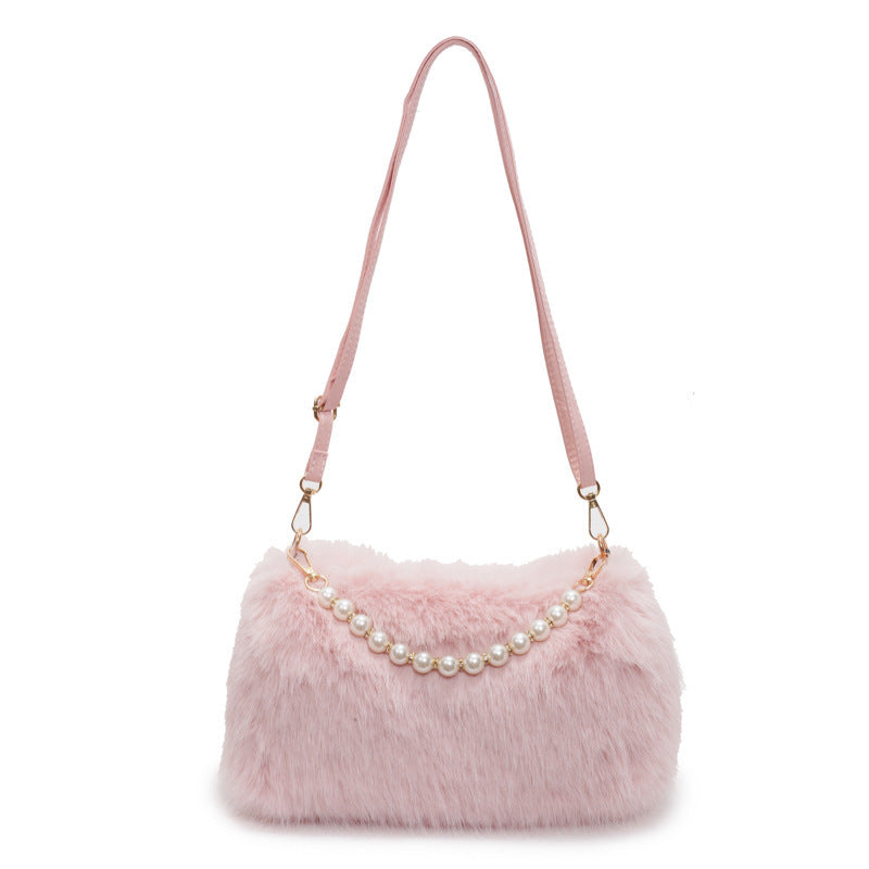 Autumn And Winter Fashion Shoulder Bags Pearl Chain Crossbody Bag Versatile Commuting Armpit Plush Female Bag