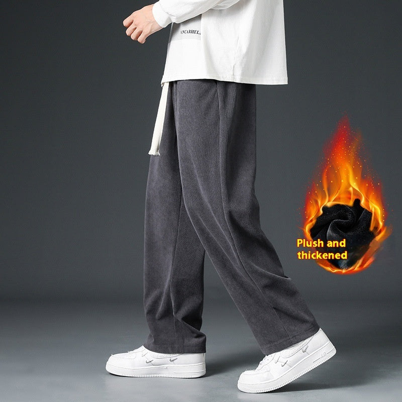 Men's FallWinter Fleece-lined Casual Trousers Wide Leg