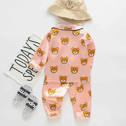 Long sleeve ice silk bear pajamas set for boys and girls