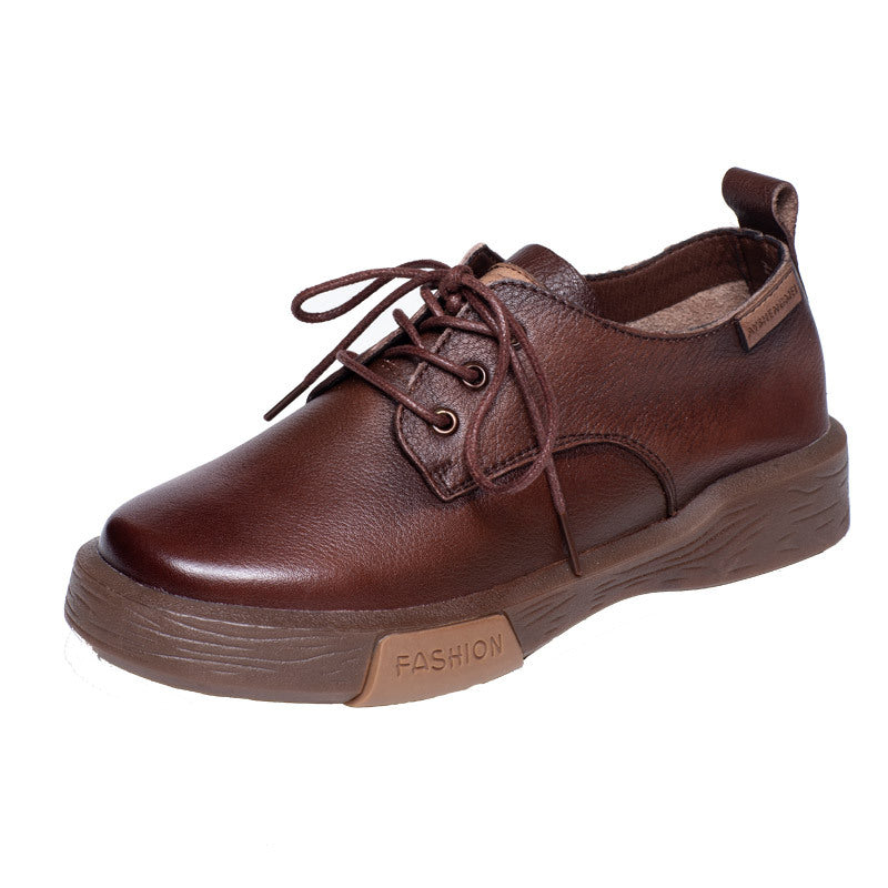 British Cowhide Lace Up Round Toe Thick Bottom Soft Sole Shoes