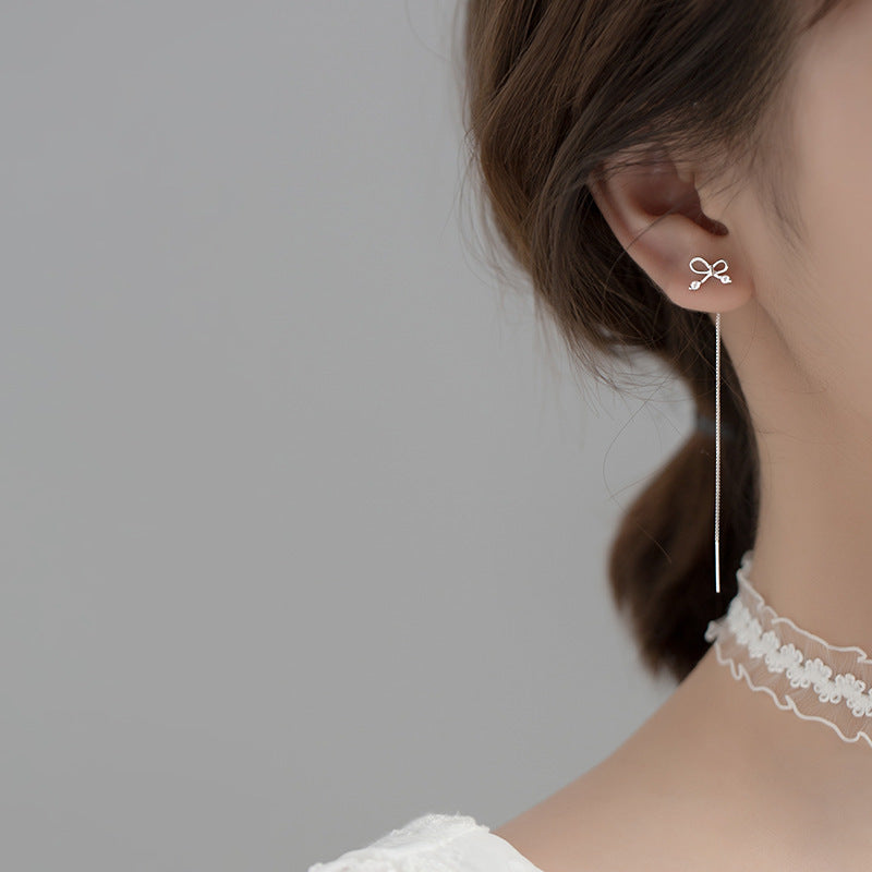 S925 Silver Bow Hanging Earrings Korean Style Lady Temperament