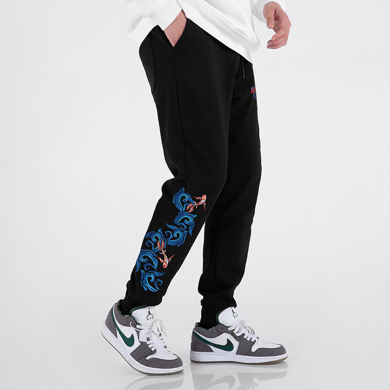 Autumn And Winter Fleece-lined Men's Black Cotton Sweat Pants Loose Embroidery