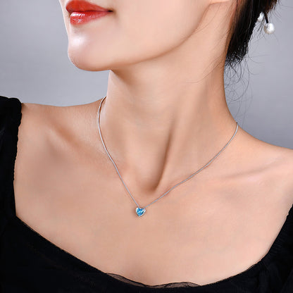 Ocean Heart S925 Sterling Silver Inlaid Zircon Heart-shaped Collarbone Necklace