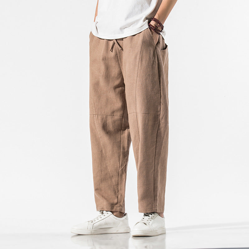 Summer Thin Linen Ankle Length Pants Men's Chinese Style Loose Wide Leg