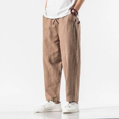 Summer Thin Linen Ankle Length Pants Men's Chinese Style Loose Wide Leg