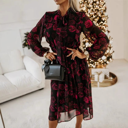 Long Sleeve Bowknot Waist-tight Dress Women