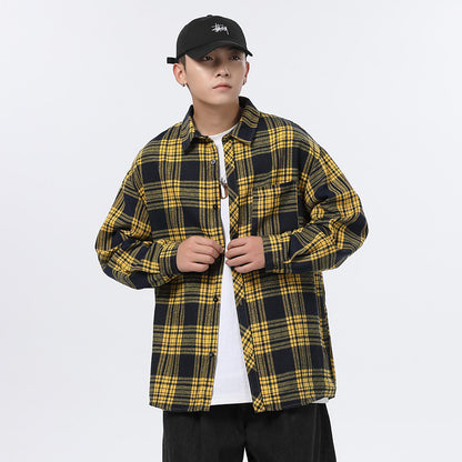 American Retro Plaid For Men Spring And Autumn Loose Casual Bottoming Shirt Coat