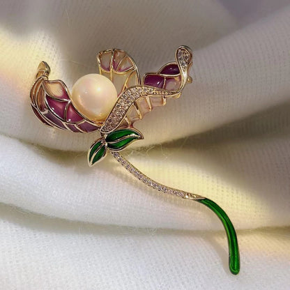 Enamel Brooch Pearl Lotus Classical