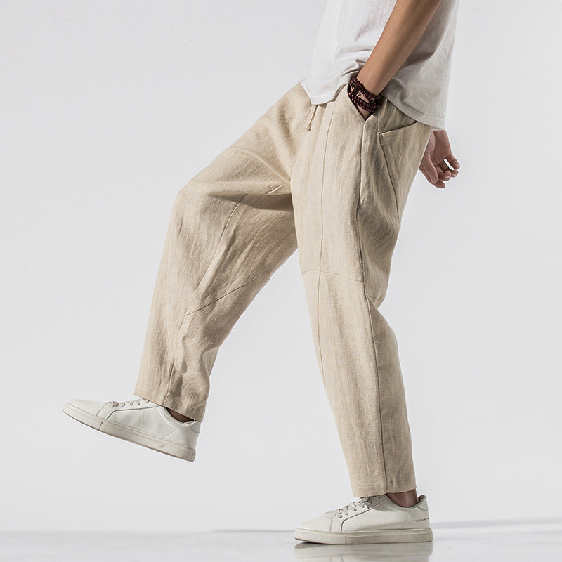 Summer Thin Linen Ankle Length Pants Men's Chinese Style Loose Wide Leg