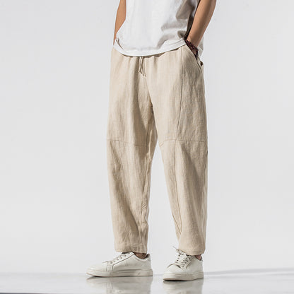 Summer Thin Linen Ankle Length Pants Men's Chinese Style Loose Wide Leg