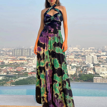 Tie-Dye Sling Rückenfreies Kleid Damen Riemen