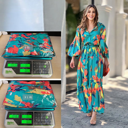 Printing Lapel Single-breasted Maxi Dress