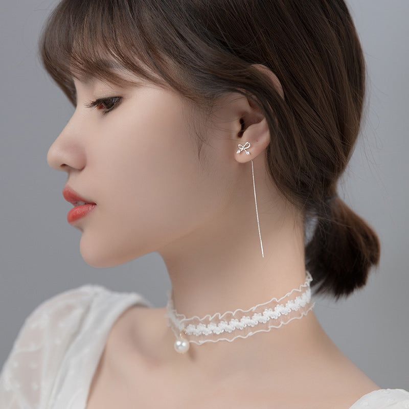 S925 Silver Bow Hanging Earrings Korean Style Lady Temperament