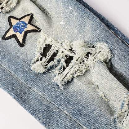 Medal Printed Badge Ripped Jeans Men