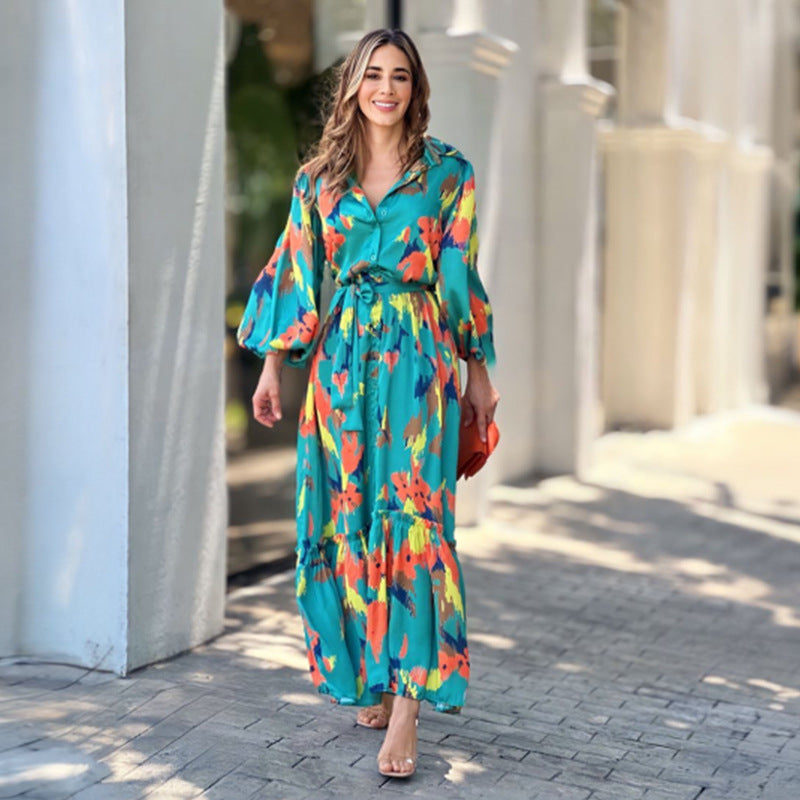 Printing Lapel Single-breasted Maxi Dress