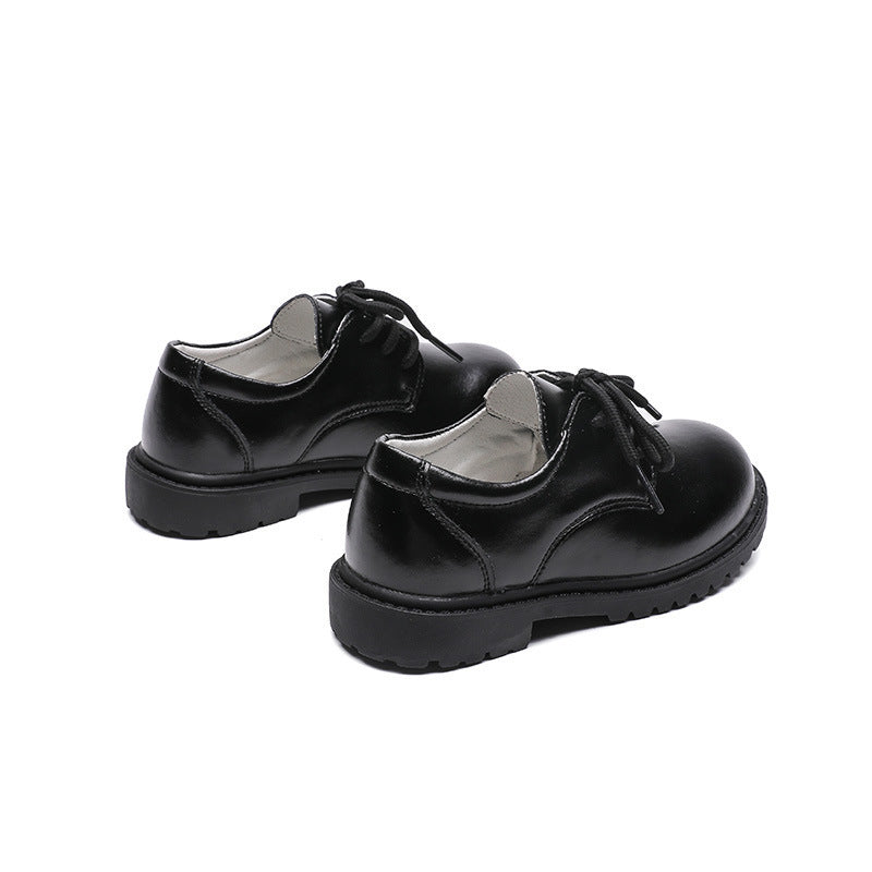 Children's Autumn New Casual Pure Black Leather Shoes