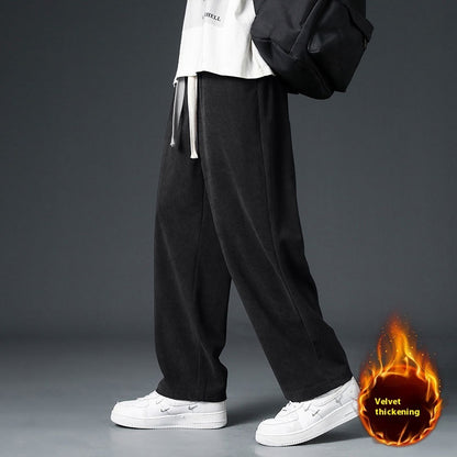 Men's FallWinter Fleece-lined Casual Trousers Wide Leg