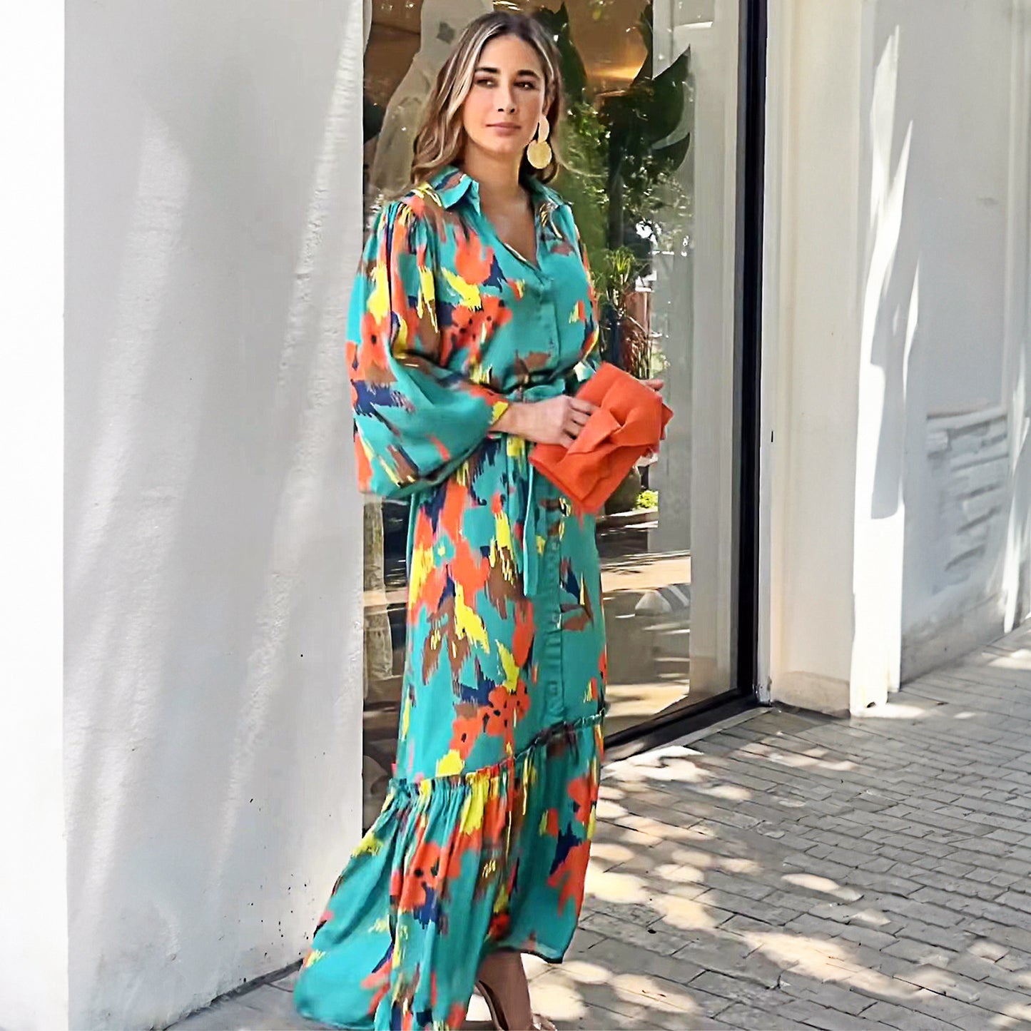 Printing Lapel Single-breasted Maxi Dress