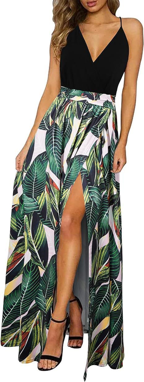 V-Ausschnitt Wickelkleid mit Spaghettiträgern Sommer Casual Strandkleid Blumen Leopardenmuster