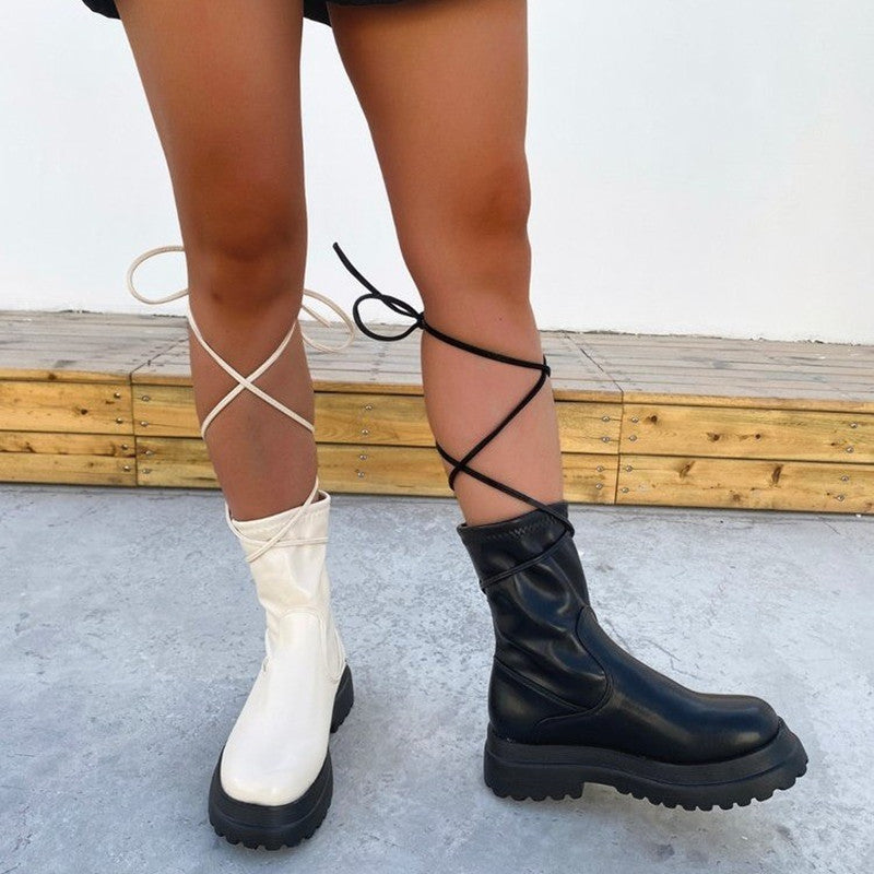 Platform Lace-up Middle Boots Plus Size Platform Heel Ankle Boots