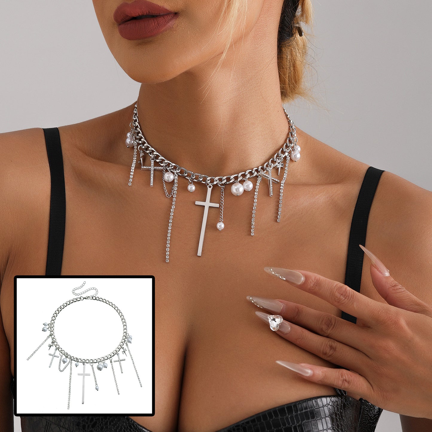 Cross Tassel Pearl Collarbone Chain Jewelry Cool Spicy Girl Necklace Fashion Jewelry