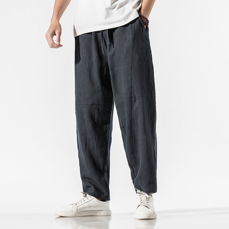 Summer Thin Linen Ankle Length Pants Men's Chinese Style Loose Wide Leg