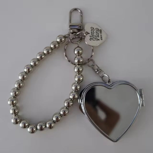 Metal Key Chain And Heart-shaped Mirror Pendant