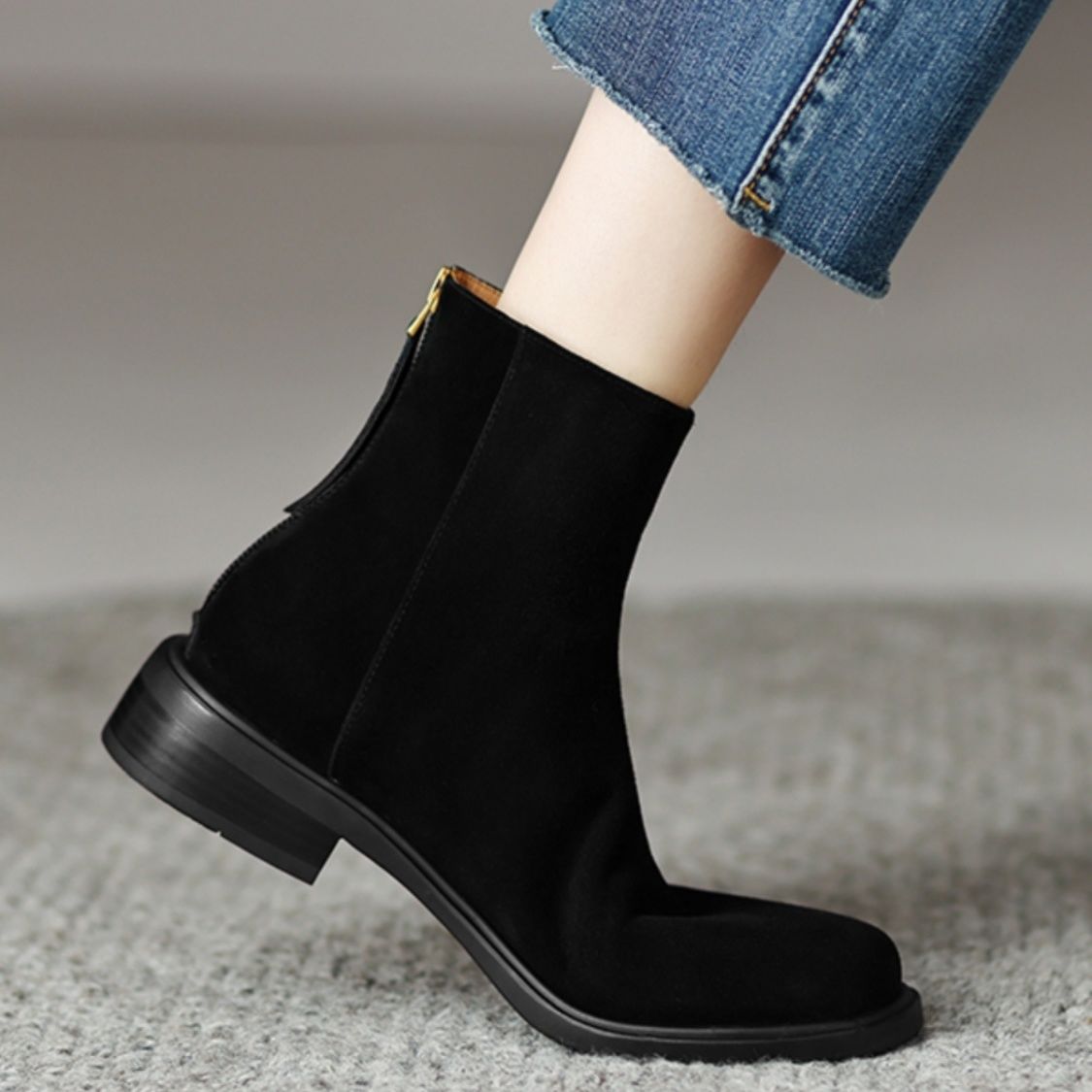 French Retro Square Toe Thick Heel Thin Boots Women's Boots