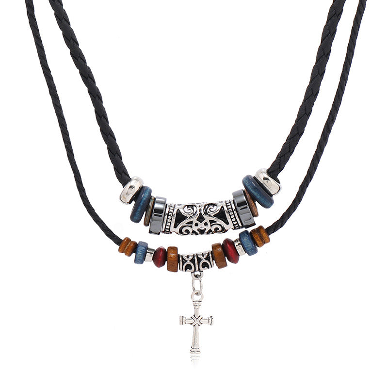 Creative Beaded Multi-layer Alloy Cross Leather Necklace