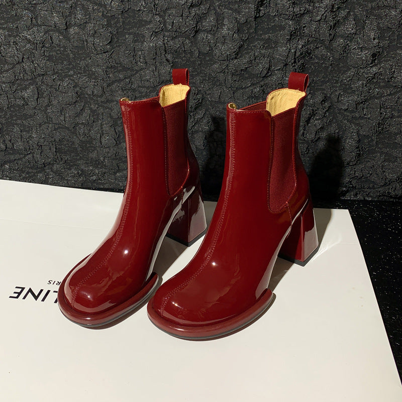 Round End Chimney Boots With Thick Heels And Patent Leather Short Boots