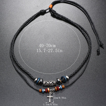 Creative Beaded Multi-layer Alloy Cross Leather Necklace