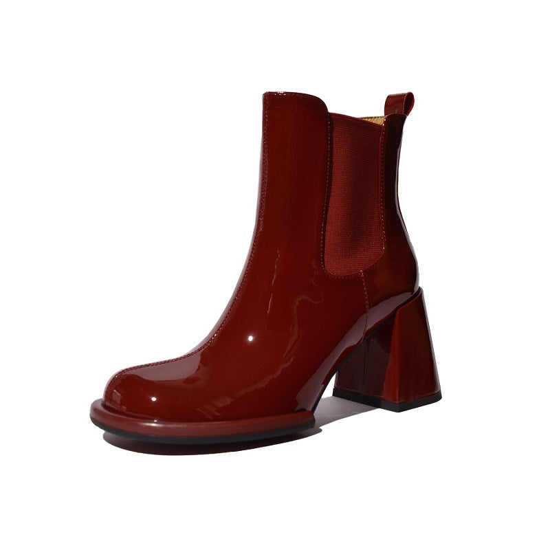 Round End Chimney Boots With Thick Heels And Patent Leather Short Boots