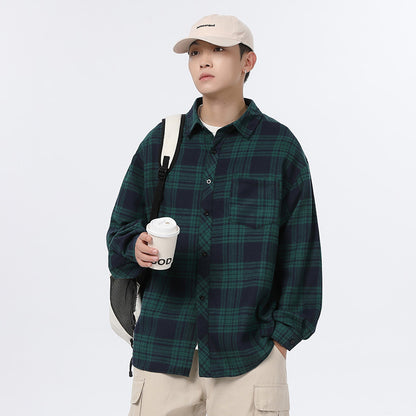 American Retro Plaid For Men Spring And Autumn Loose Casual Bottoming Shirt Coat