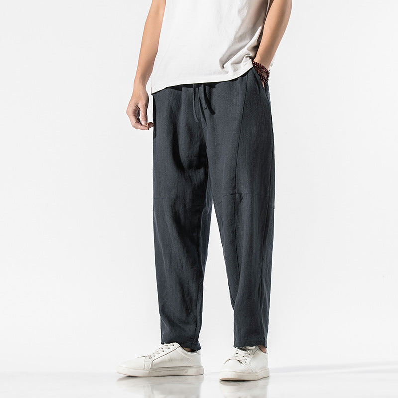 Summer Thin Linen Ankle Length Pants Men's Chinese Style Loose Wide Leg