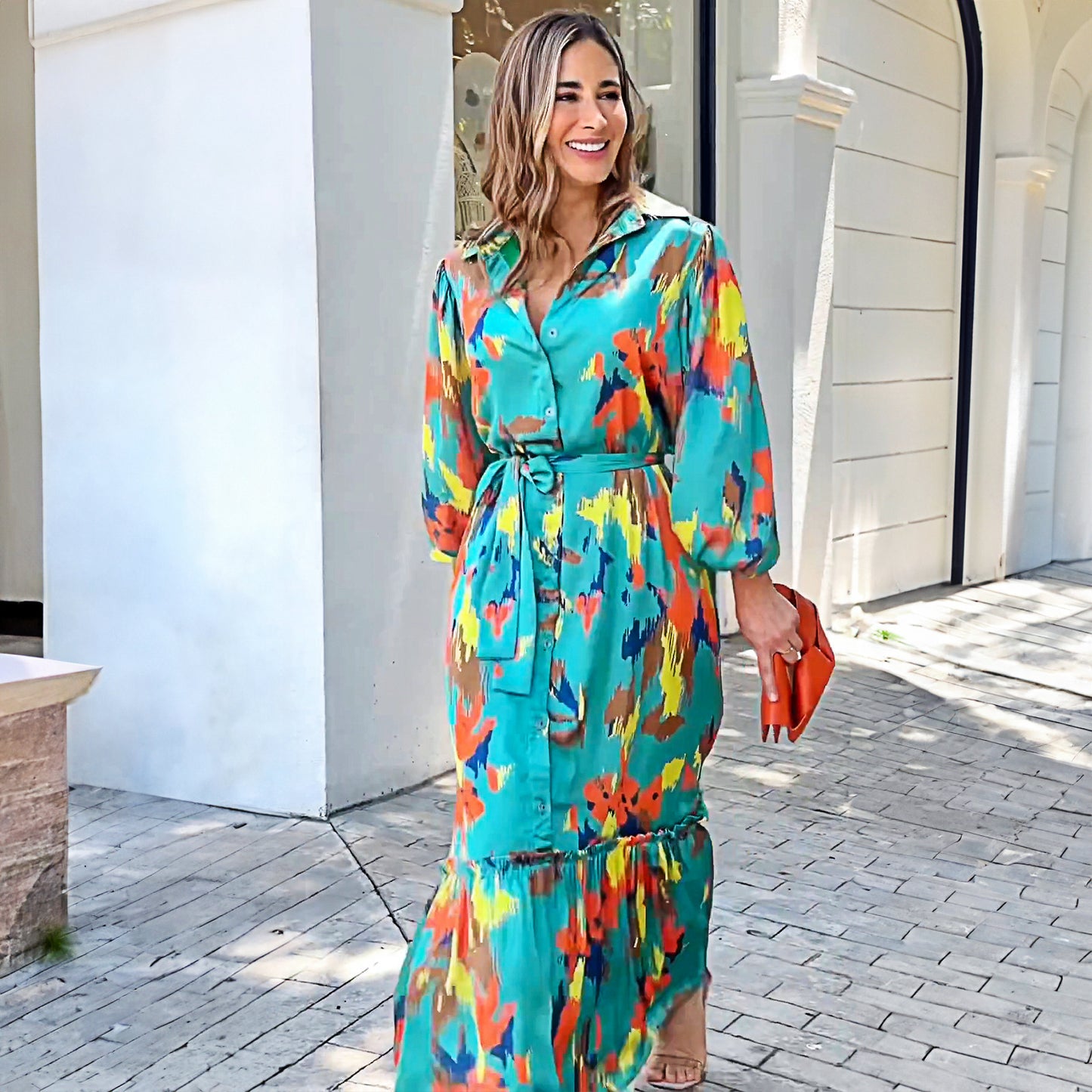 Printing Lapel Single-breasted Maxi Dress