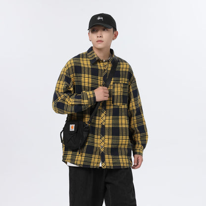 American Retro Plaid For Men Spring And Autumn Loose Casual Bottoming Shirt Coat