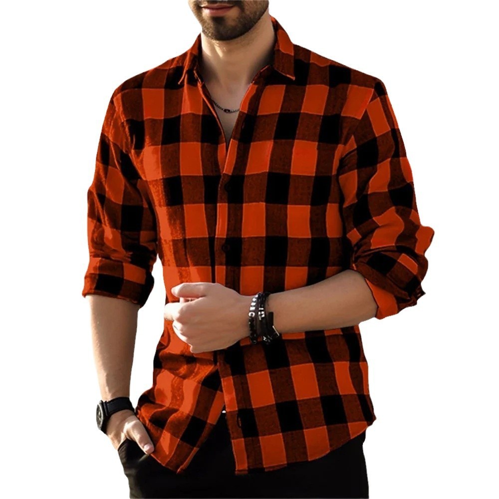 European And American Long Sleeve Loose 3D Personalized Printed Plaid Design Striped Shirt