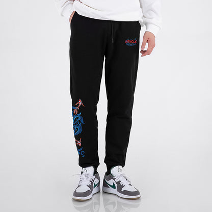 Autumn And Winter Fleece-lined Men's Black Cotton Sweat Pants Loose Embroidery