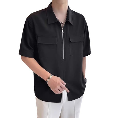 Half Zipper Short Sleeve Workwear Shirt Men