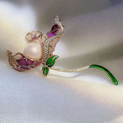 Enamel Brooch Pearl Lotus Classical