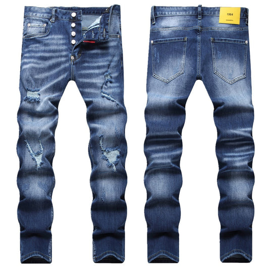 New Blue Color Ripped Street Fashion Slim Stretch Denim Trousers