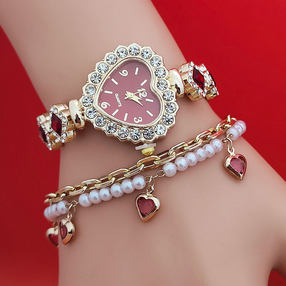 Fashion Love Shape Bracelet Watch Set Diamond Colored Heart Quartz Watch Women's Fashion Jewelry Set Valentine's Day Gift