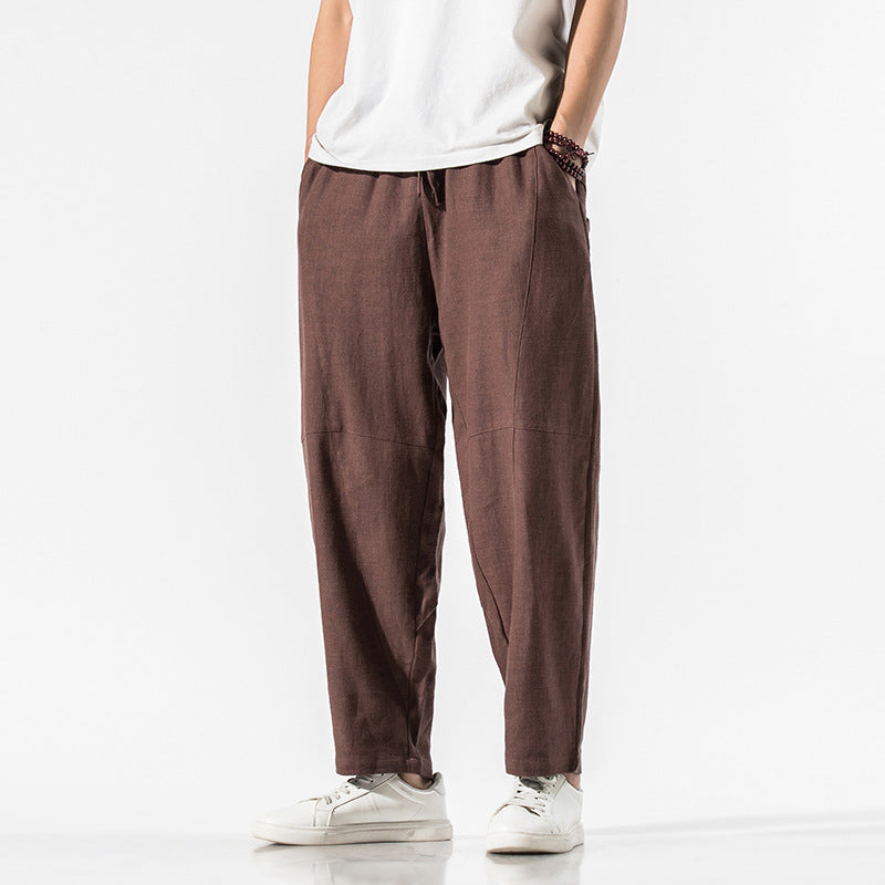 Summer Thin Linen Ankle Length Pants Men's Chinese Style Loose Wide Leg