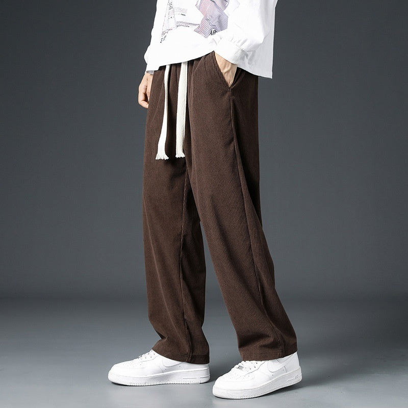 Men's FallWinter Fleece-lined Casual Trousers Wide Leg