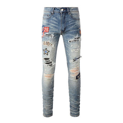 Medal Printed Badge Ripped Jeans Men