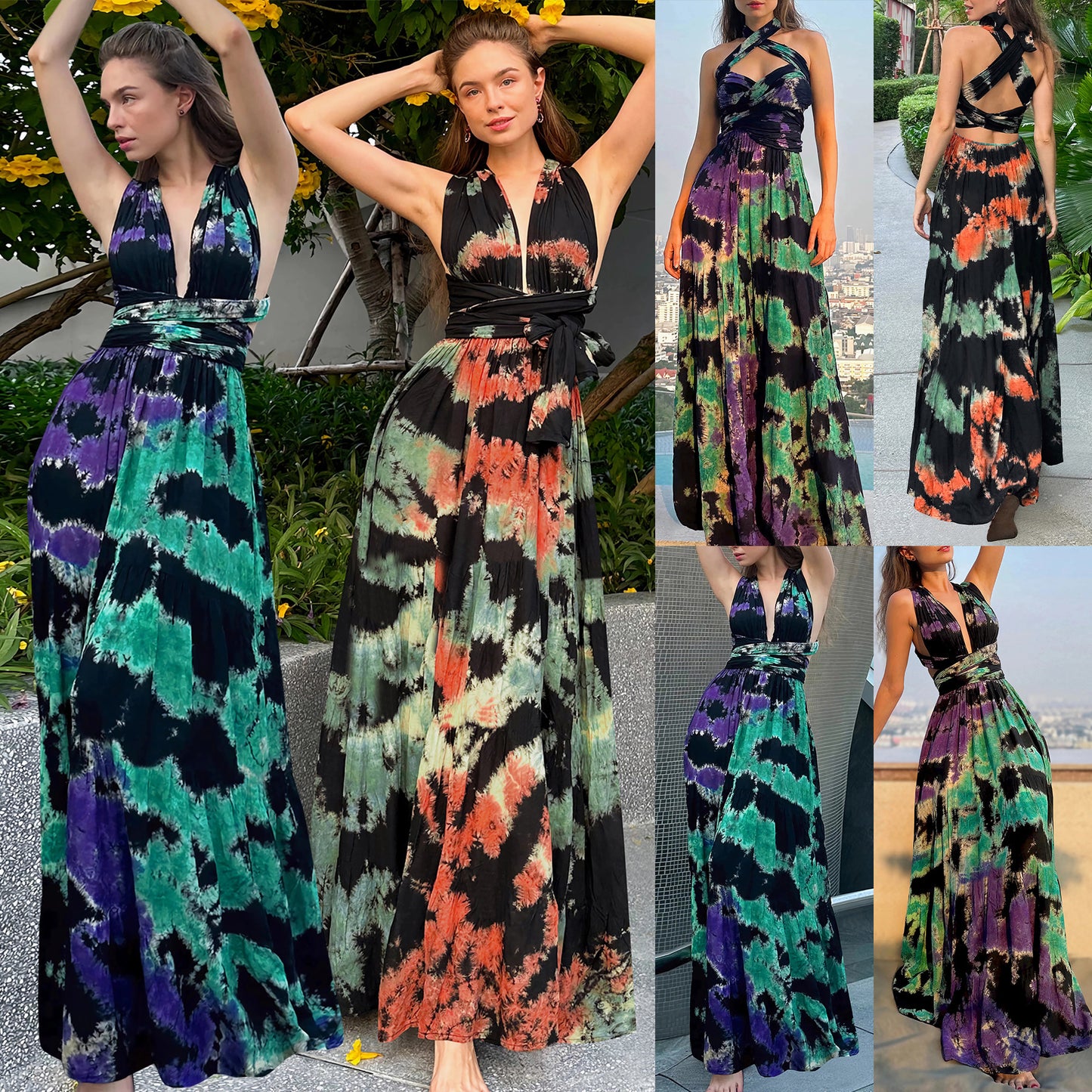 Tie-Dye Sling Rückenfreies Kleid Damen Riemen